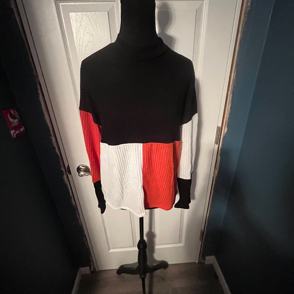 Vibrant Black, Orange and White Turtleneck Sweater